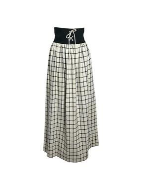 Vintage 70s Grid Check Maxi Skirt XS High Waist Lace Up Black Cream Long